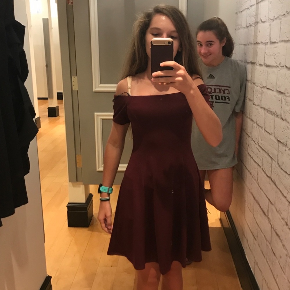 forever 21 maroon, off the shoulder dress